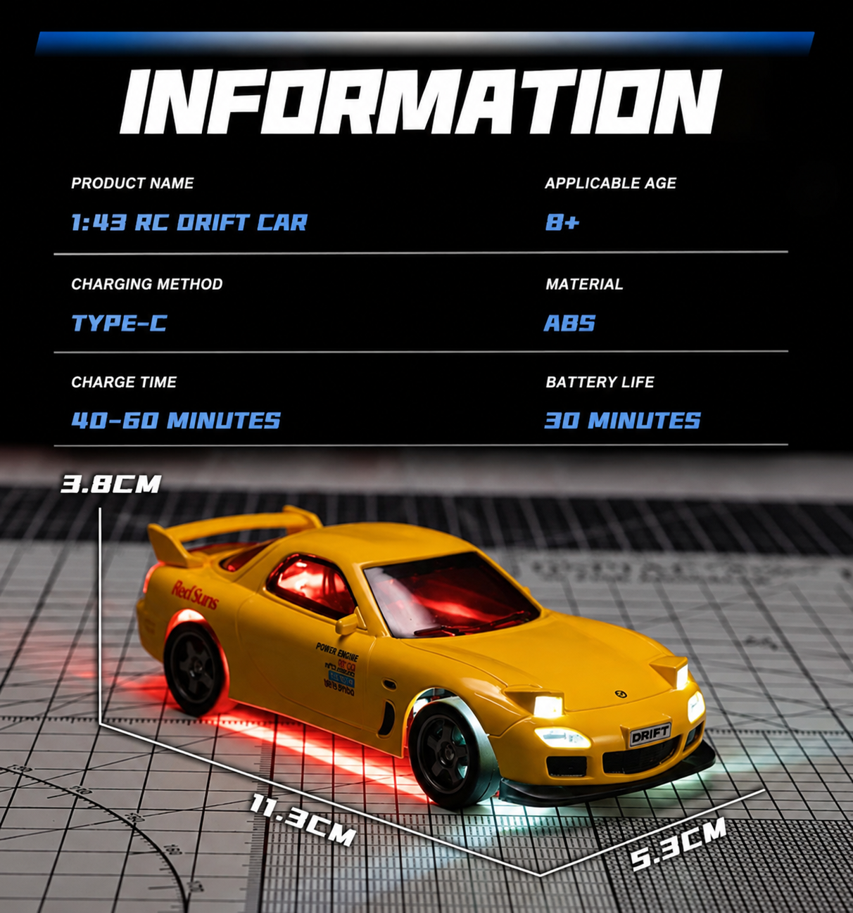 WHOOSH 1:43 Scale Mazda RX-7 Spirit R RC Drift Car – 2.4GHz Remote Control, 4WD, Gyro Stability, 20KM/H High Speed, LED Lights & Metal Bearings