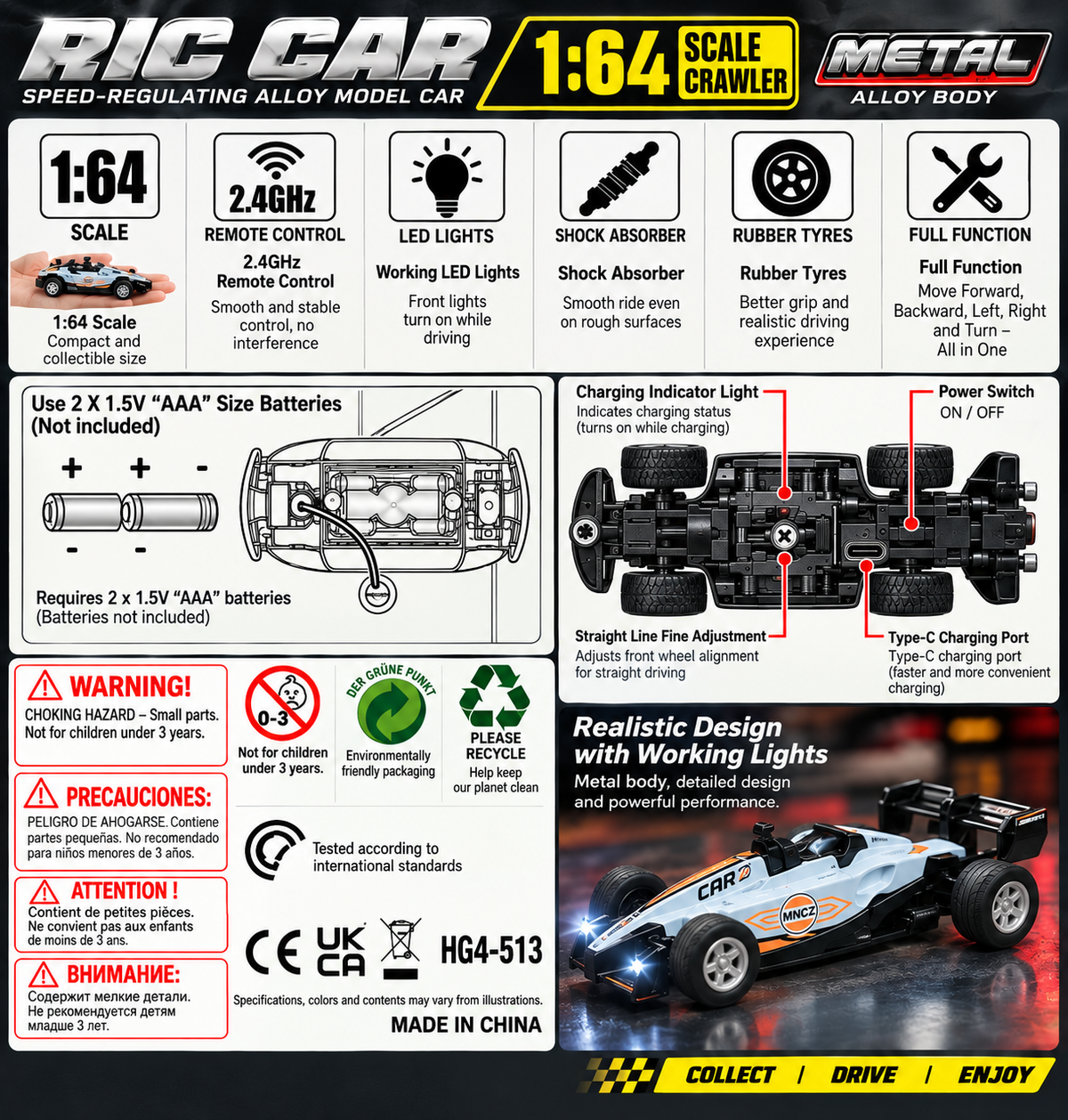 Metal 1:64 Scale RC Racing Car – Metal Alloy Body | 2.4GHz Remote Control | Speed-Regulating Model Car (Yellow/Blue/White)HG4-513