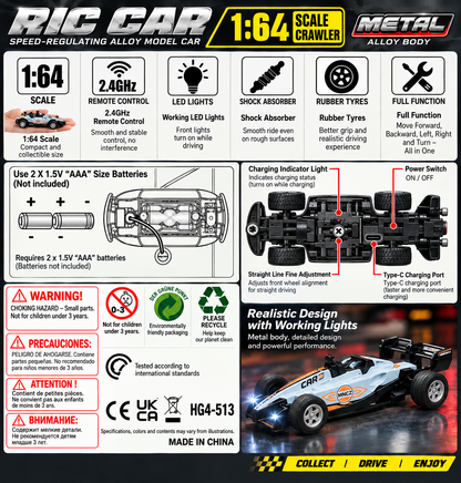 Metal 1:64 Scale RC Racing Car – Metal Alloy Body | 2.4GHz Remote Control | Speed-Regulating Model Car (Yellow/Blue/White)HG4-513