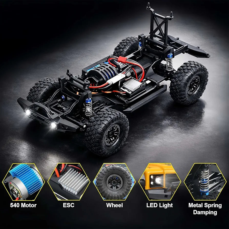 RC Cars Racing Rally RTR Remote Control Car 4WD 2.4GHz Brushed Offroad Racing Hobby Grade Model Vehicle with LED Lights 2Pcs Battery Climbing Beast 1:10 Scale