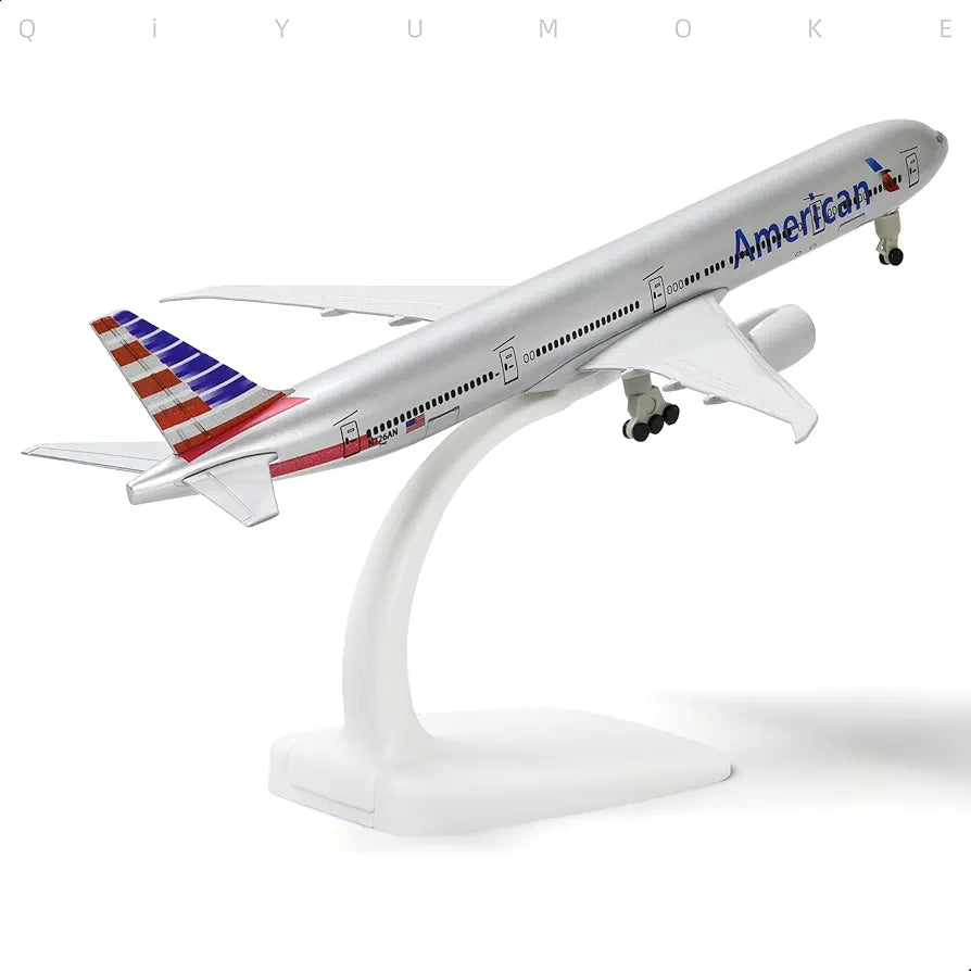 Aircraft 'American B-777 Diecast Airplane Model Boeing 777 (7.5-inch L) 20cm" Scale (No.321) Display Stand With Landing Wheels