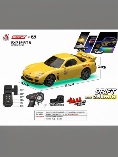 WHOOSH 1:43 Scale Mazda RX-7 Spirit R RC Drift Car – 2.4GHz Remote Control, 4WD, Gyro Stability, 20KM/H High Speed, LED Lights & Metal Bearings