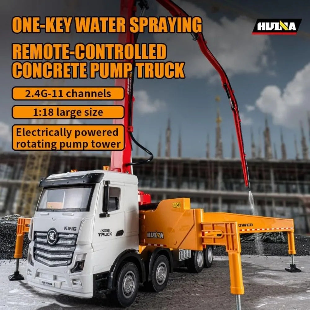 Huina Toys 1381 RC Backhoe Loader Concrete Pump Truck 11 Function Realistic water spray pumping system Rechargeable battery with USB charging Remote control 1:18 Scale