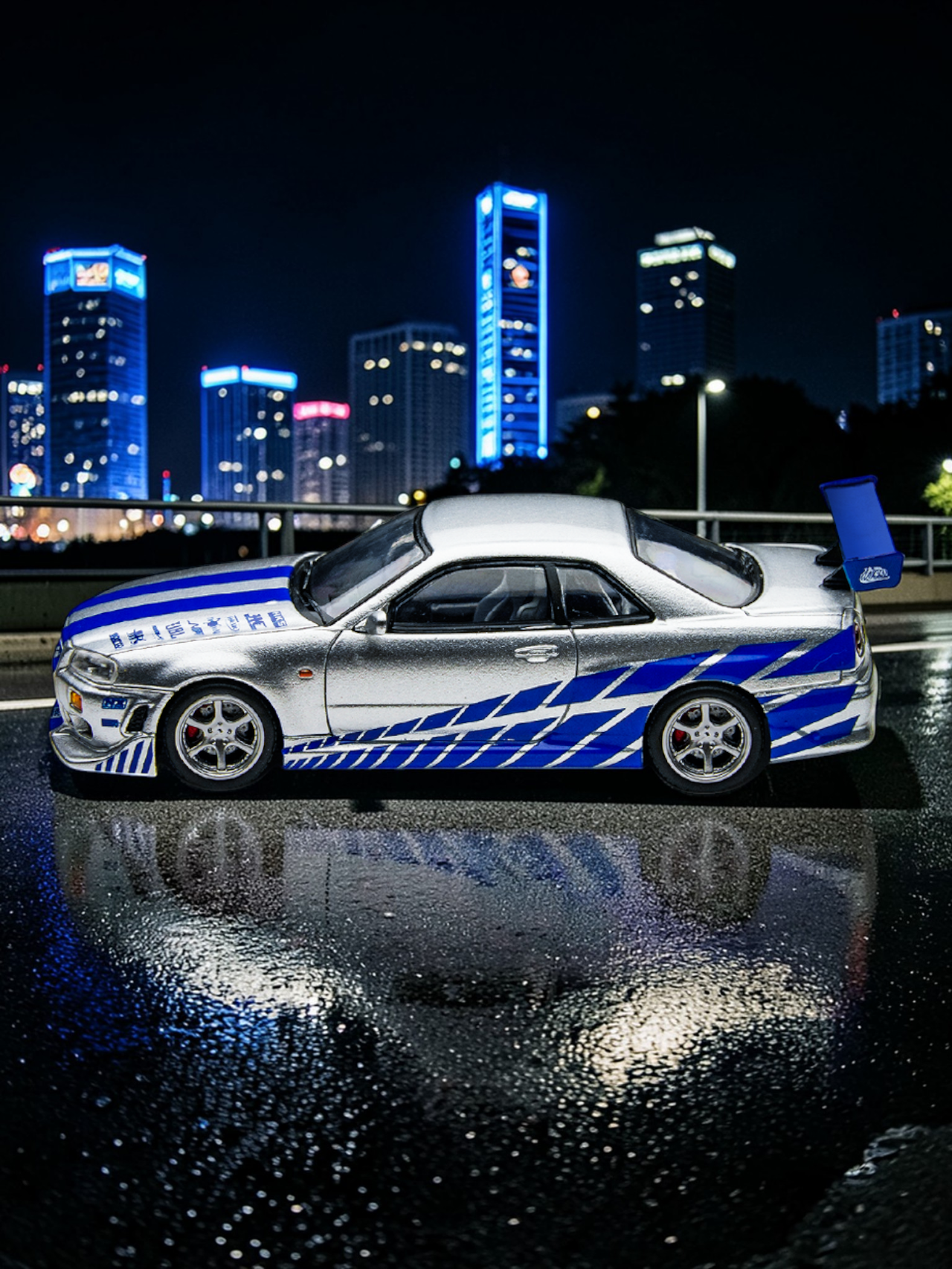 Timemicro Nissan Skyline GT-R R34 Premium Die-cast Collectible Car Model (Blue Stripe Edition) 1:64 Scale