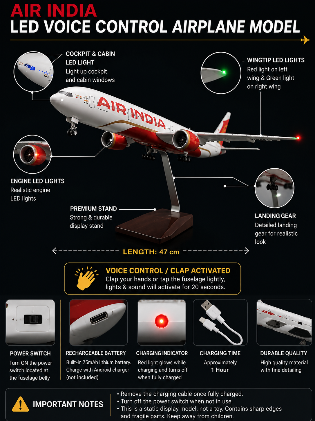Air India LED Voice Control Airplane Model with Display Stand | 47 cm | Rechargeable LED Aircraft Model scale 1:160
