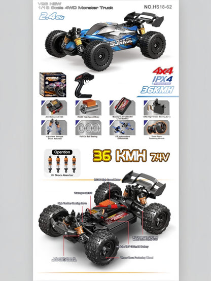 HOSPEED High-Speed RC Storm 4x4 Monster Truck – 35 KM/H, 1:18 Scale 2.4GHz Remote Control, 4WD Off-Road Racing Car, IPX4 Waterproof No,HS18-62