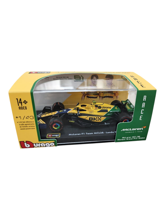 Bburago Formula 1 (F1) MCLAREN MCL38 2024 Lando Norris-Monaco GP 1:43 Scale Model with Acrylic Case