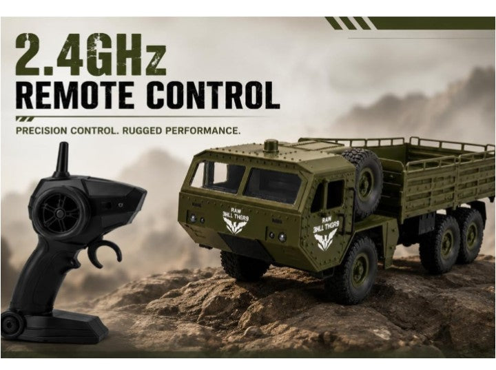 Transporter 2.4G 6WD RC Off-Road Military Truck – 500G Loading Capacity, 6-Wheel Drive, Shock Absorbers & Speed Conversion, Heavy-Duty Remote Control Cargo Truck 1:16 Scale