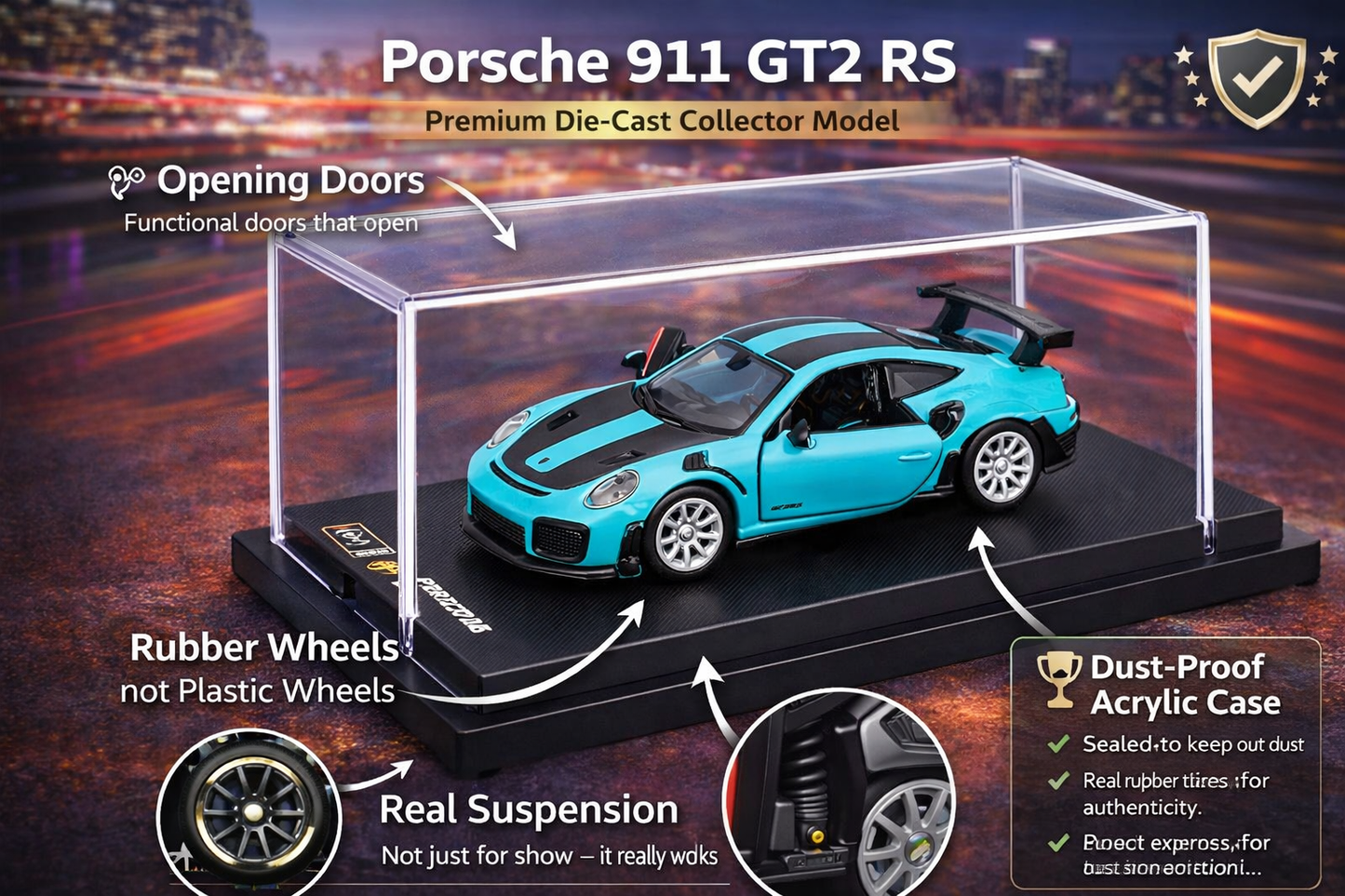 Bburago Porsche 911 GT2 RS die-cast,Real suspension & Acrylic case 1:64 Scale