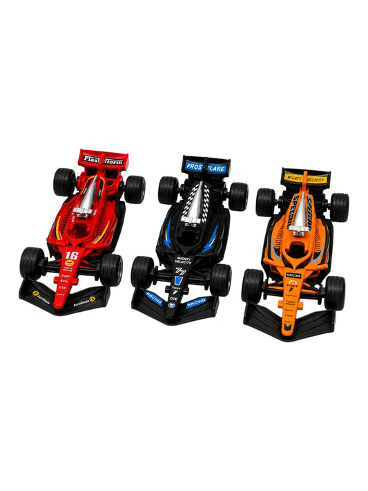 3 Car Combo Formula 1  Racing Toy Set – Assorted Colors High Speed Racer Cars (Flash Storm, Frost Flare, Mighty Velocity) 1:43 Scale