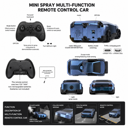 2.4GHz Mini Spray Drift Remote Control Car with Mist Spray, Follow Mode, Escape Mode, Light & Sound RC Toy Car 1:43 Scale