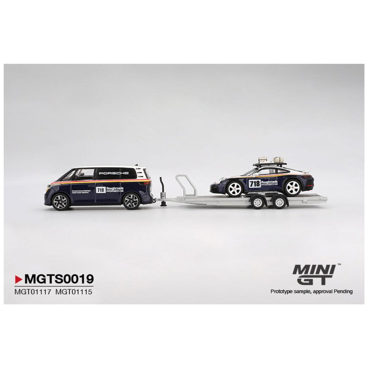 Mini GT #S0019: Porsche 911 Dakar #718 / Volkswagen ID. Buzz Porsche Centrum Gelderland Roughroads Set Imported 1:64 Scale