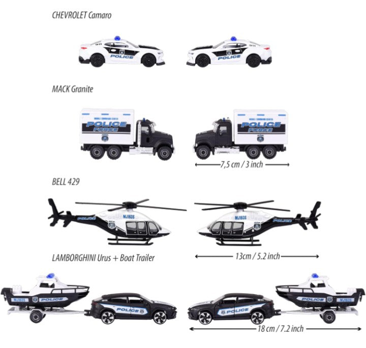 Majorette Police Force Gif pack – 5-Piece Die-Cast Vehicle Set | Chevrolet Camaro, Mack Granite, Bell 429 Helicopter, Lamborghini Urus with Boat Trailer & Police Car | Die-Cast Collection 1:64 Scale