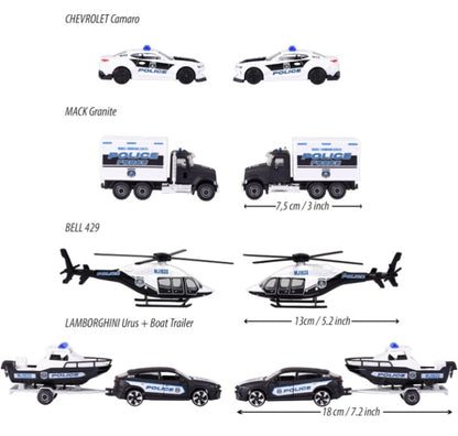 Majorette Police Force Gif pack – 5-Piece Die-Cast Vehicle Set | Chevrolet Camaro, Mack Granite, Bell 429 Helicopter, Lamborghini Urus with Boat Trailer & Police Car | Die-Cast Collection 1:64 Scale