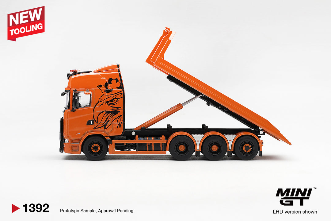Mini GT No.1392 Scania 770S B8×4NA Hooklift Flatbed Orange 1:64 Scale Diecast Model