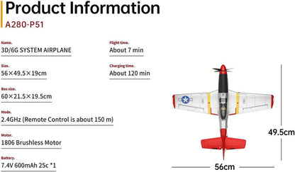 Aircraft A280 P-51 Mustang 2.4GHZ Radio Control Rudder Conversion, 3D / 6G Conversion, Light Switch 560 mm' Scale Rc Airplane ( Remote control)