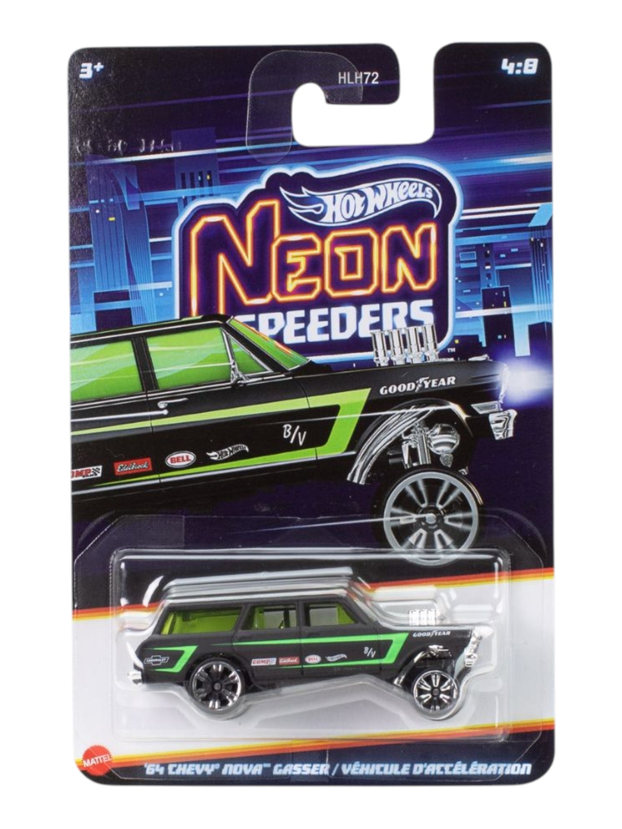 Hotwheels Mainline '64 Chevy Nova Gasser – Neon Speeders |CardArt 1:64 Scale Diecast Model Car