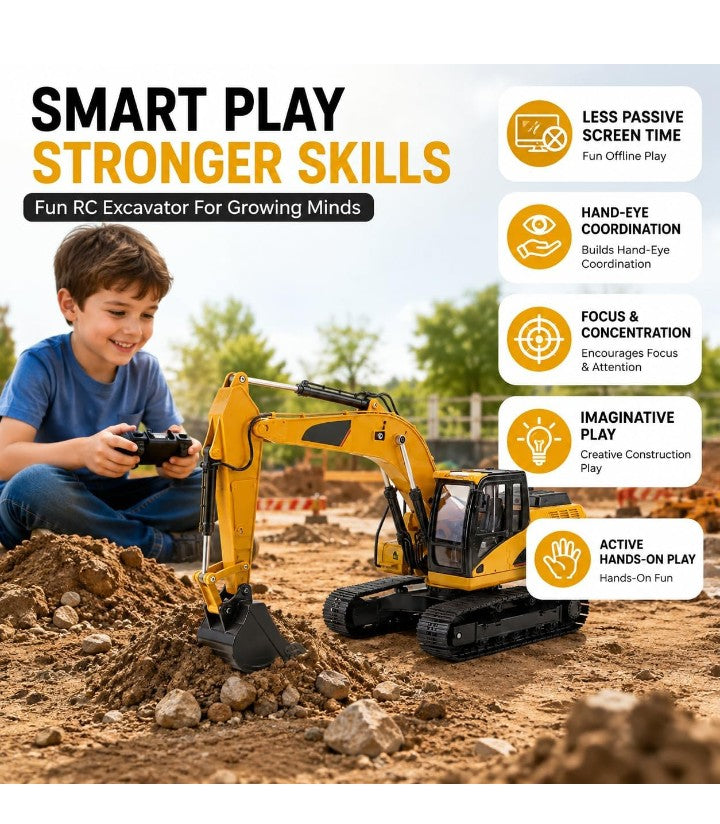 ENGINEERING Vehicle Series 3-in-1 13CH 2.4GHz RC Excavator with 360° Rotation, Digging & Unloading Functions, Sound & LED Headlight, Multi-Directional Remote Control 1:18 Scale