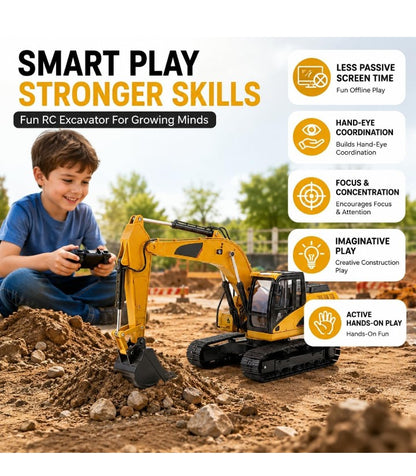 ENGINEERING Vehicle Series 3-in-1 13CH 2.4GHz RC Excavator with 360° Rotation, Digging & Unloading Functions, Sound & LED Headlight, Multi-Directional Remote Control 1:18 Scale