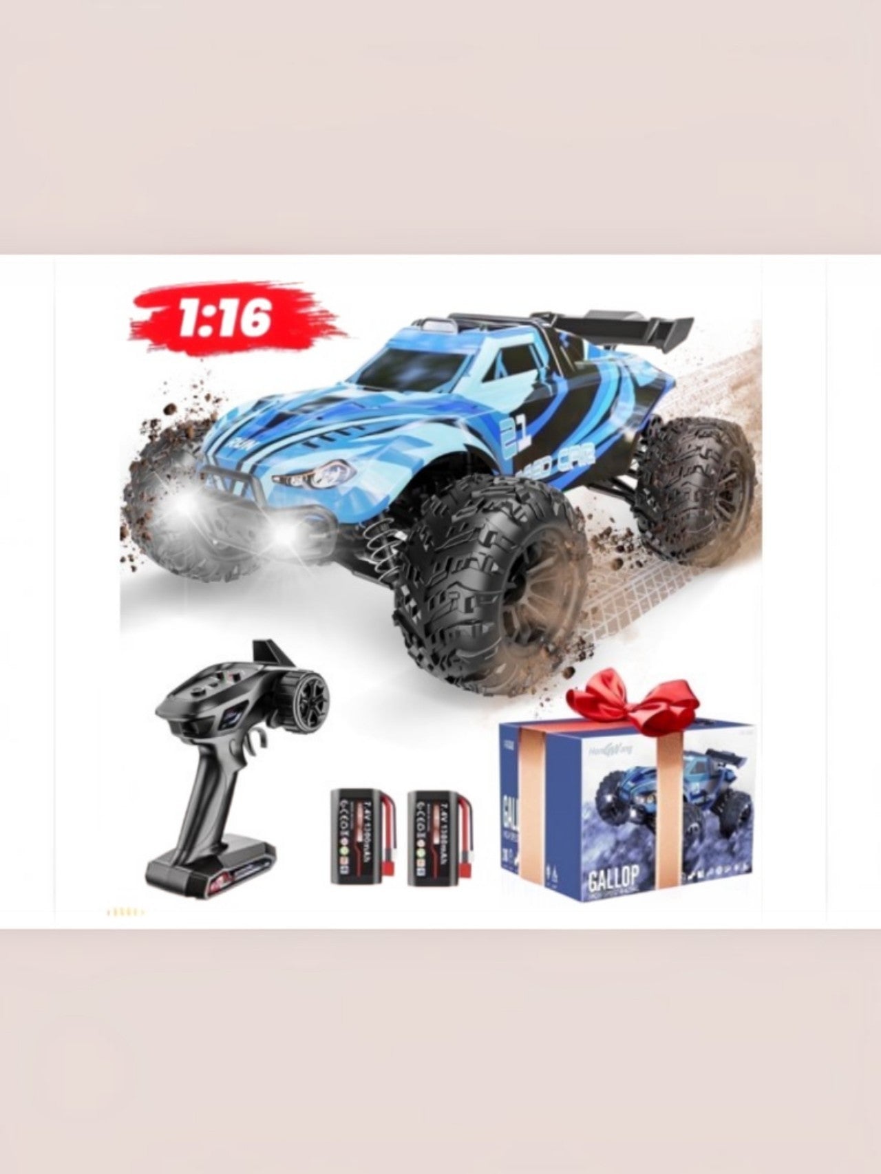 GALLOPISH Storm 1:16 Scale 2.4G RC Off-Road Monster Truck – High Speed Remote Control Car with LED Lights Speed 40 Km/h