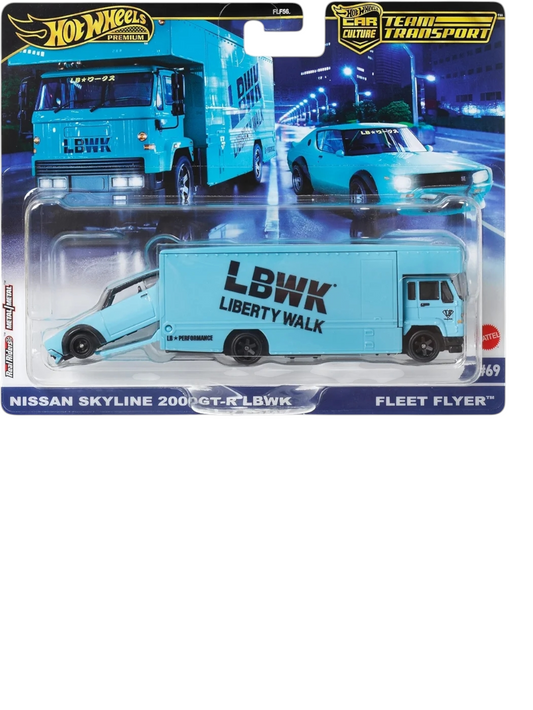 Hotwheels nissan skyline 2000gt-r lbwk team transport (blister damaged car mint condition) 1:64 Scale