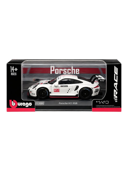 Bburago Porsche 911 RSR 1:43 Scale Diecast Model Car | White Racing Edition