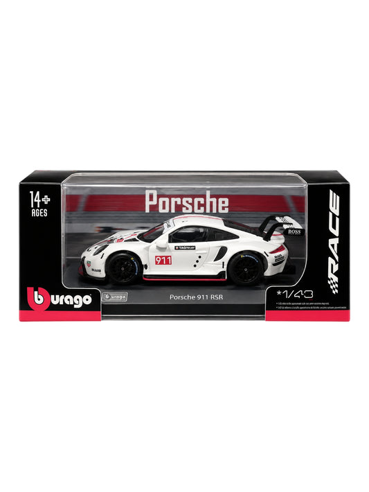 Bburago Porsche 911 RSR 1:43 Scale Diecast Model Car | White Racing Edition