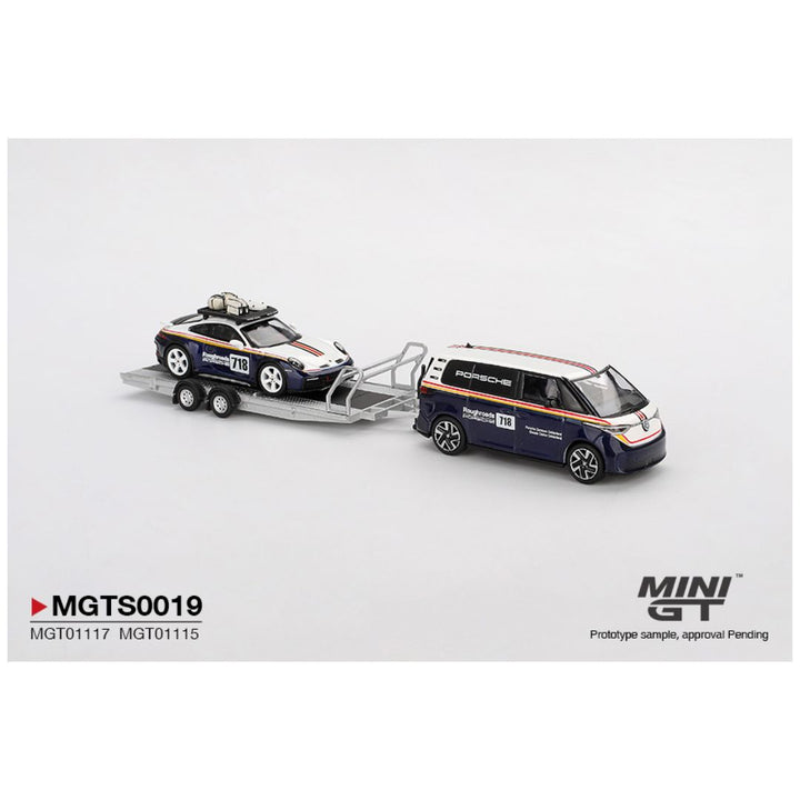Mini GT #S0019: Porsche 911 Dakar #718 / Volkswagen ID. Buzz Porsche Centrum Gelderland Roughroads Set Imported 1:64 Scale