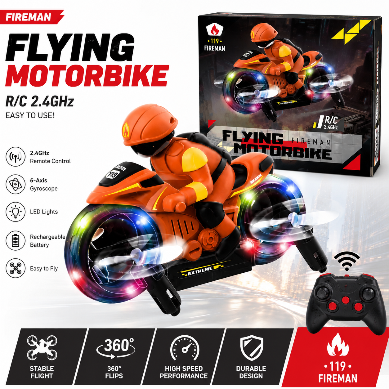 Fireman Flying Motorbike RC Drone Toy – 2.4GHz Remote Control Flying Bike with LED Lights height 30 to 45 meter