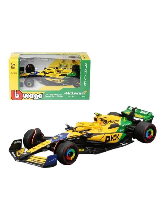 Bburago McLAREN MCL38 2024 MONACO GP Senna livery 30th anniversary - Formula 1 - OSCAR PLATERS 81 - Scale 1:43 12 cm - BBurago 18-38214-P