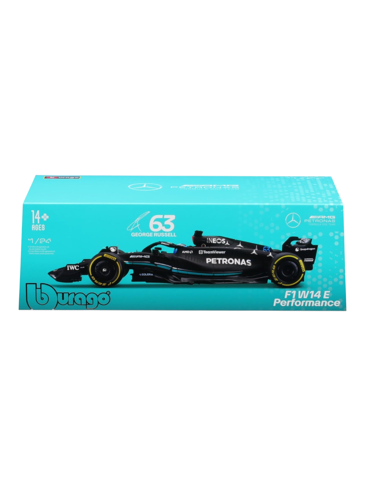Bburago Formula 1 (F1) AMG Petronas F1 W14 E Performance #63 George Russell Diecast 1:24 Scale (With Acrylic Case)