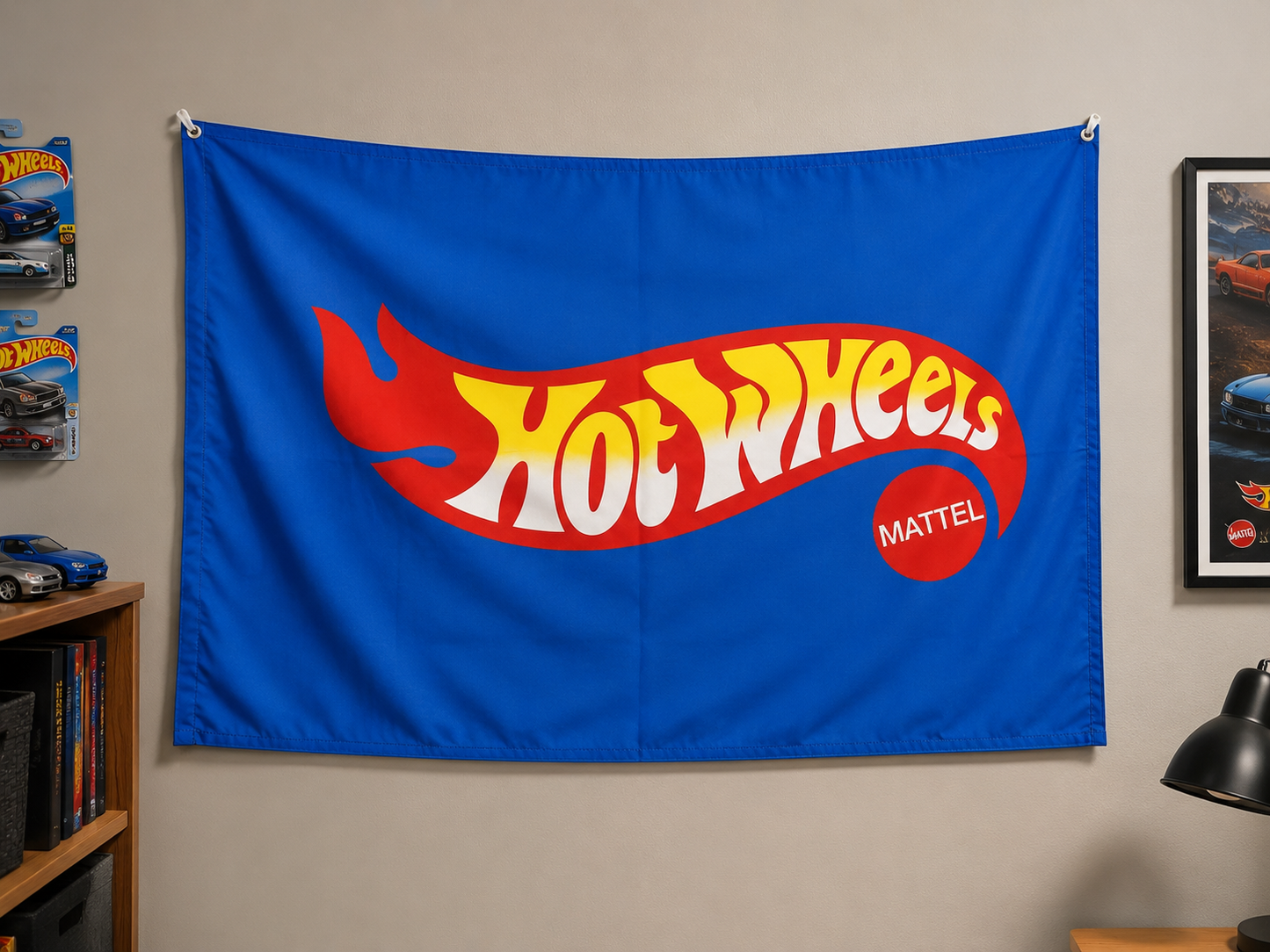 Hot Wheels Mattel Blue Fabric Flag Banner with Drawstring | Wall Hanging Display Flag | 76 x 49 cm