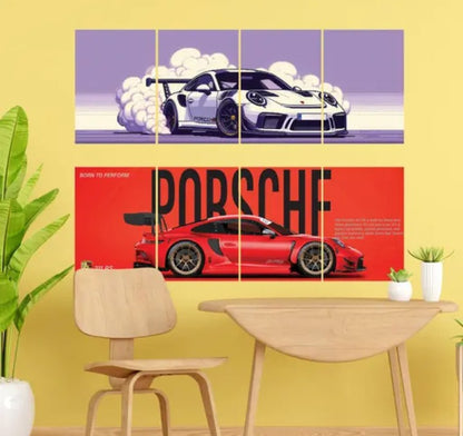 Premium Porsche Car 4-Piece Split Poster, 2,300 GSM HD Prints with Adhesive Back, Glossy Finish, Aesthetic Room Decor Photographic Paper (11.5 inch X 31.5 inch, Box)