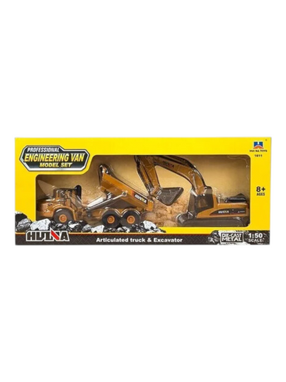 HUINA 1611 Articulated Truck & Excavator Diecast Metal 1:50 Scale