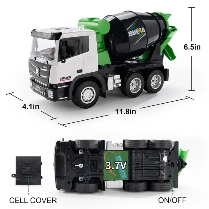 Huina Toys 657 Engineering Remote Control Truck Mixer 9 Channel Including, 2.4Ghz , 3.7 V Battery, With Chargeable 1:18 Scale Flashing LED Working Lights High-Quality Alloy Metal & ABS Construction