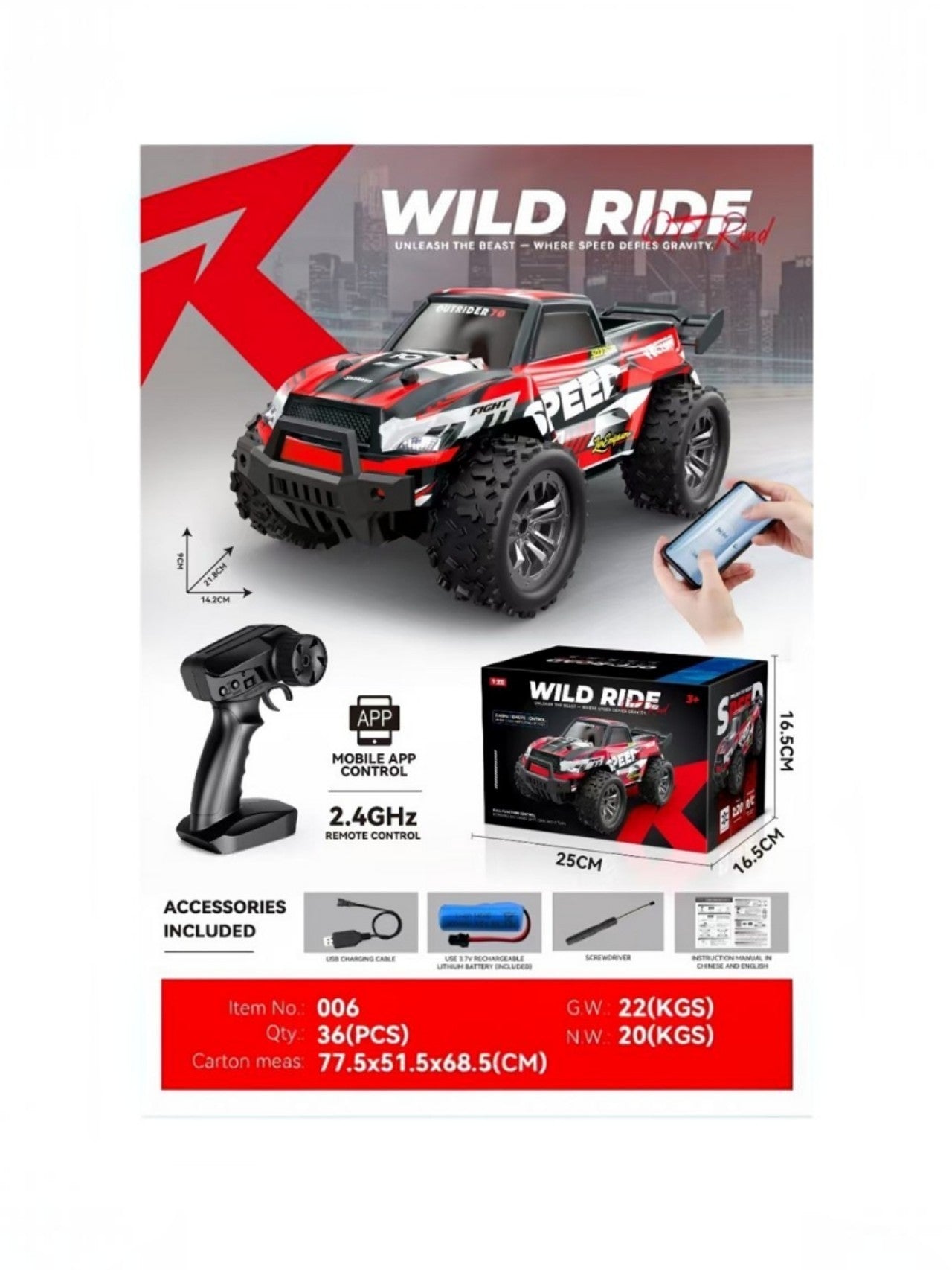 Wild Ride 4x4 RC Off-Road Car | High-Speed Remote Control Monster Truck | Full-Function Control 1:20 Scale No.006