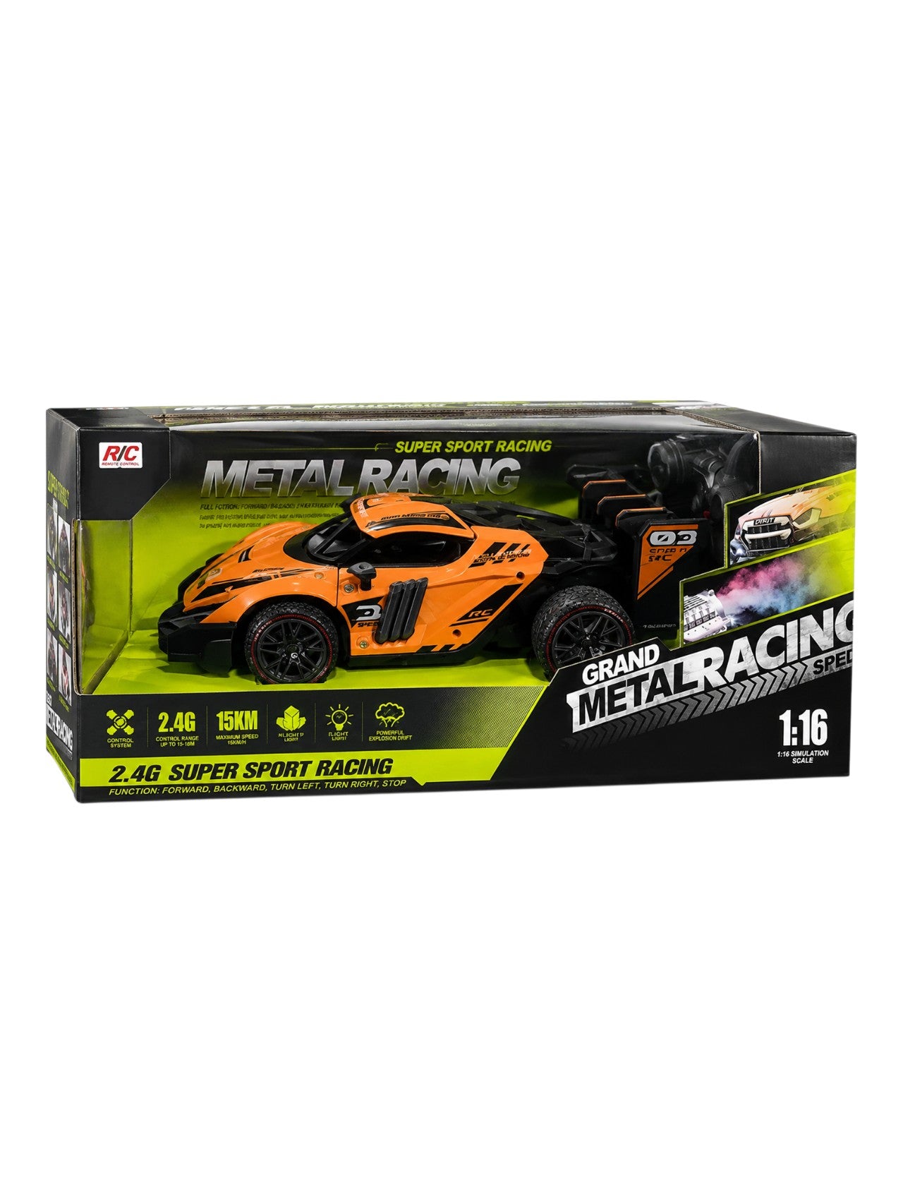 Metal Racing 1:16 Scale RC Metal Racing Car | 2.4GHz Remote Control, 15KM/H High-Speed Sports Car with LED Lights, Drift Function & Shock Absorbers