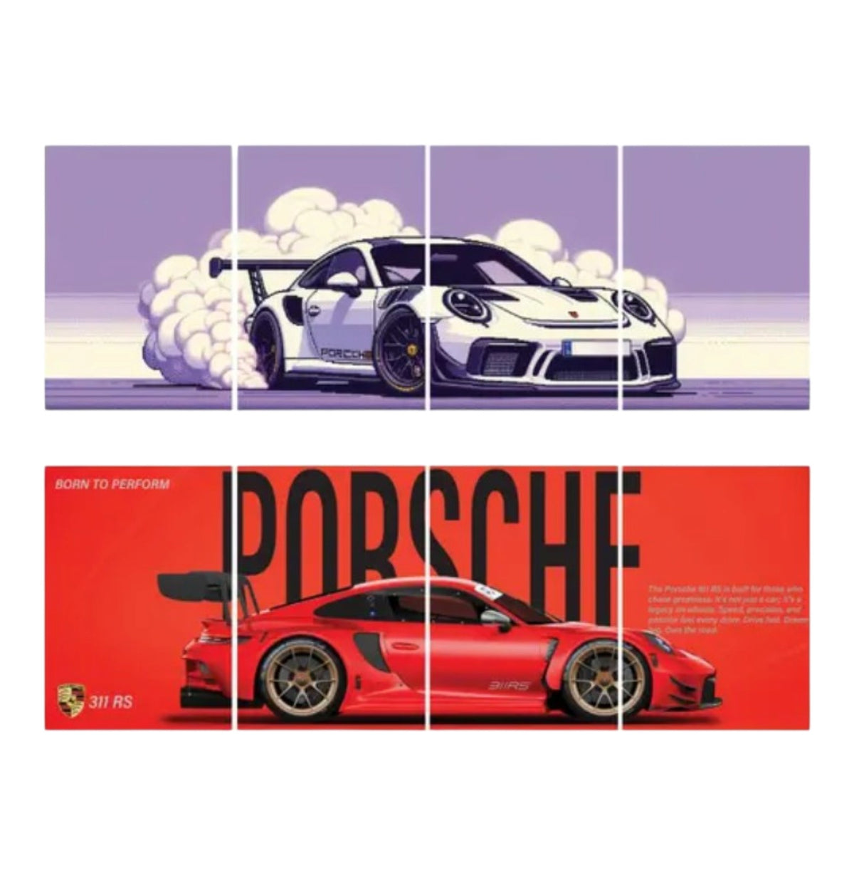 Premium Porsche Car 4-Piece Split Poster, 2,300 GSM HD Prints with Adhesive Back, Glossy Finish, Aesthetic Room Decor Photographic Paper (11.5 inch X 31.5 inch, Box)