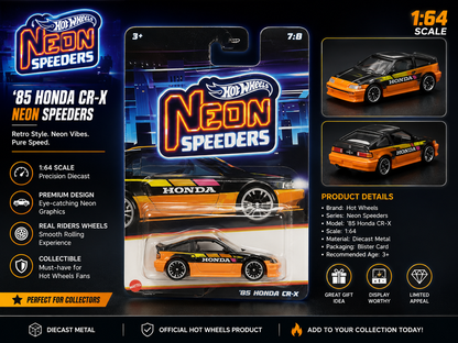 Hotwheels Mainline'85 Honda CR-X – Neon Speeders |CardArt 1:64 Scale Diecast Model Car