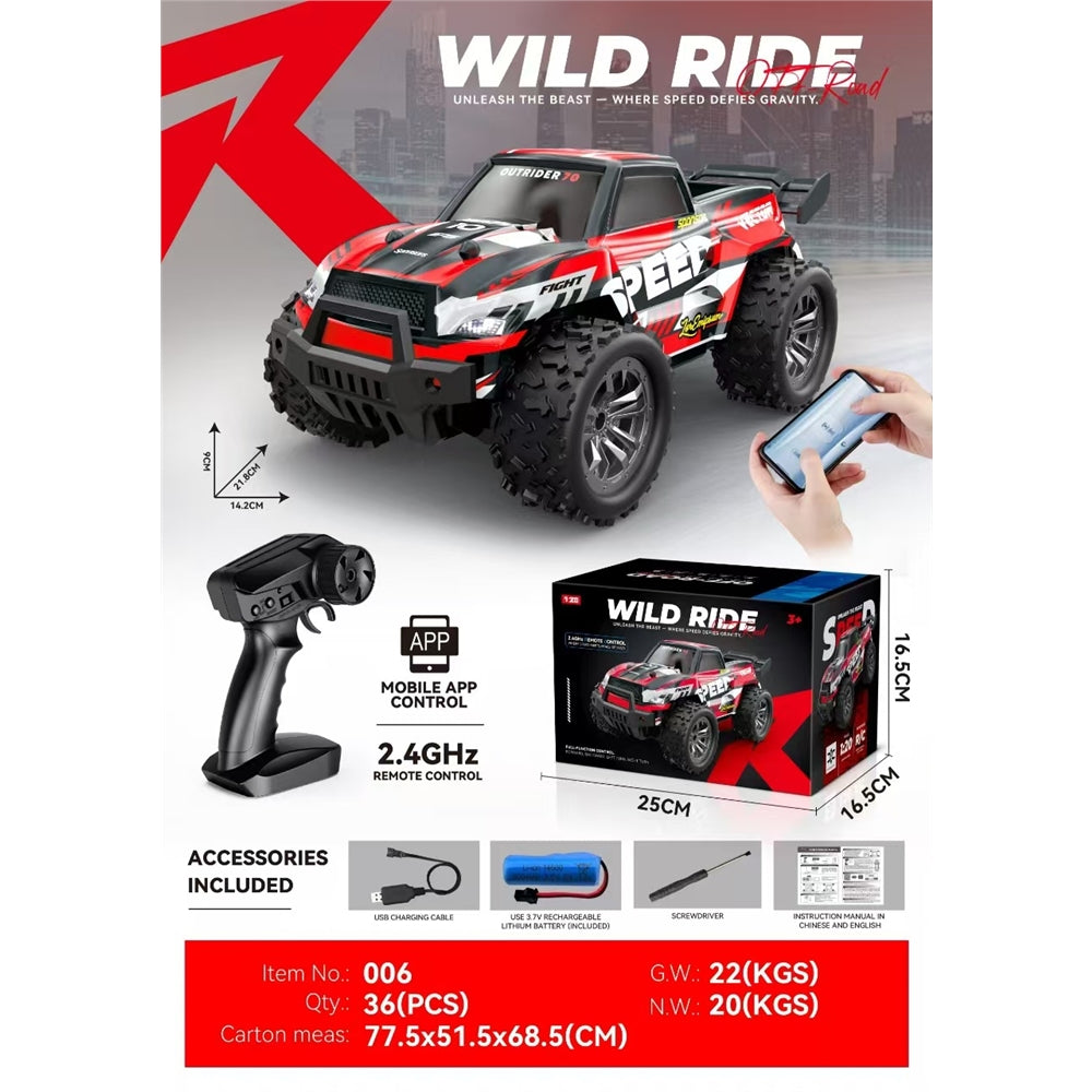 Wild Ride 4x4 RC Off-Road Car | High-Speed Remote Control Monster Truck | Full-Function Control 1:20 Scale No.006