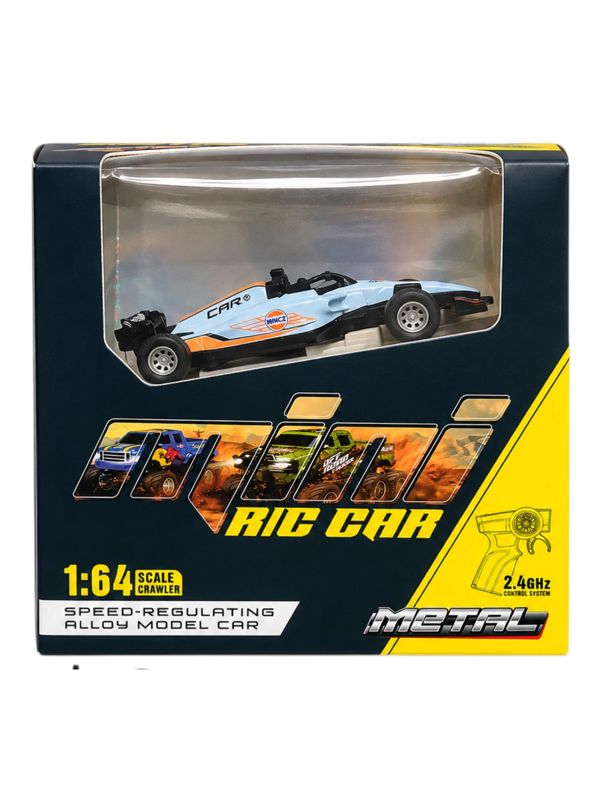 Metal 1:64 Scale RC Racing Car – Metal Alloy Body | 2.4GHz Remote Control | Speed-Regulating Model Car (Yellow/Blue/White)HG4-513
