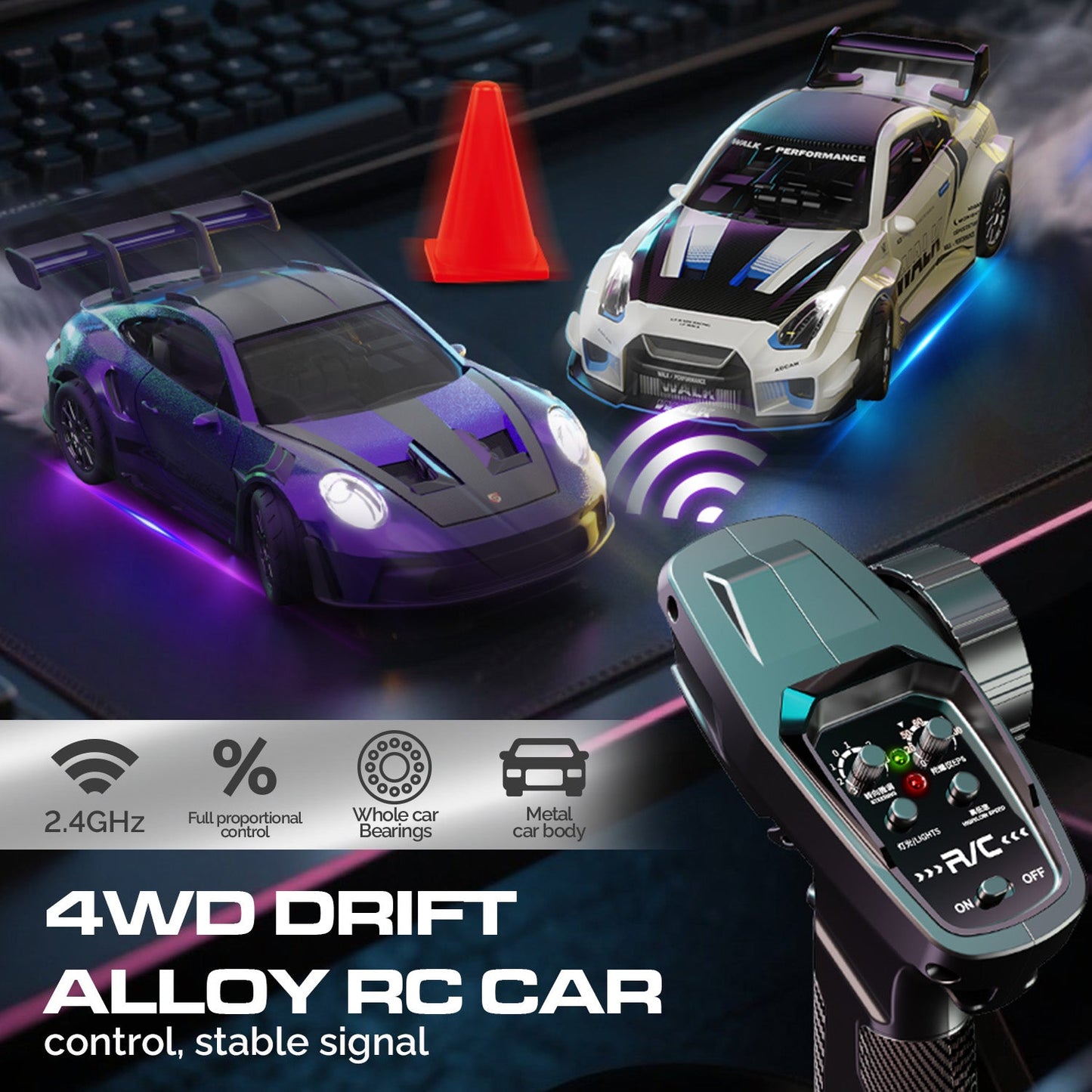 Hstar D43-01Q 4WD Alloy Drift RC Car – 911 Style, Full Proportional Control, Gyro, Dual-Speed, LED Lights & Type-C Charging 1:43 Scale (RC) Remote Control