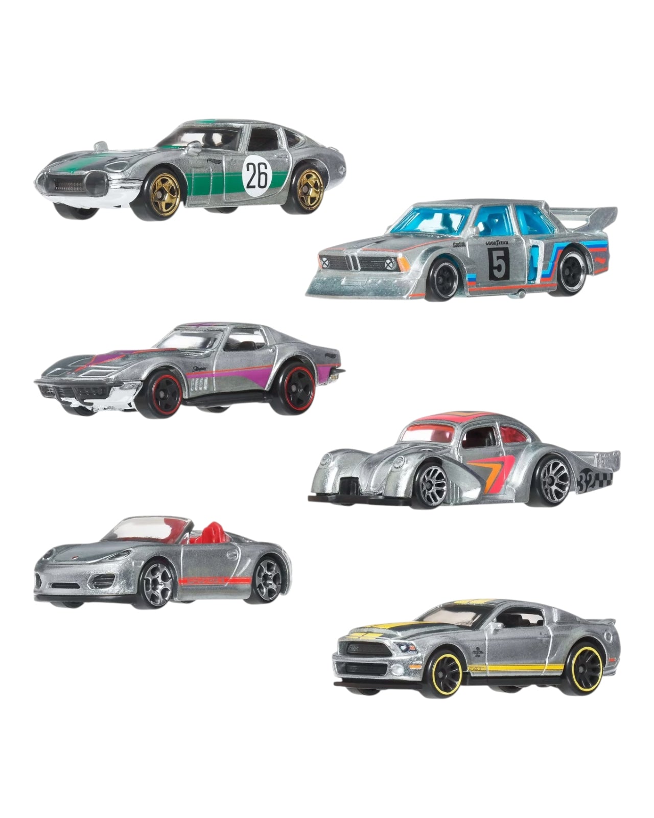 Hotwheels 2026 silver series imported zamac set of 6 Toyota 2000GT | '69 Corvette | Porsche Boxster Spyder | Volkswagen Käfer Racer | BMW 320 Group 5 | '10 Ford Shelby GT500 Super Snake 1:64 Scale