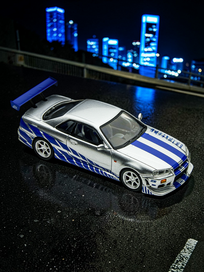 Timemicro Nissan Skyline GT-R R34 Premium Die-cast Collectible Car Model (Blue Stripe Edition) 1:64 Scale