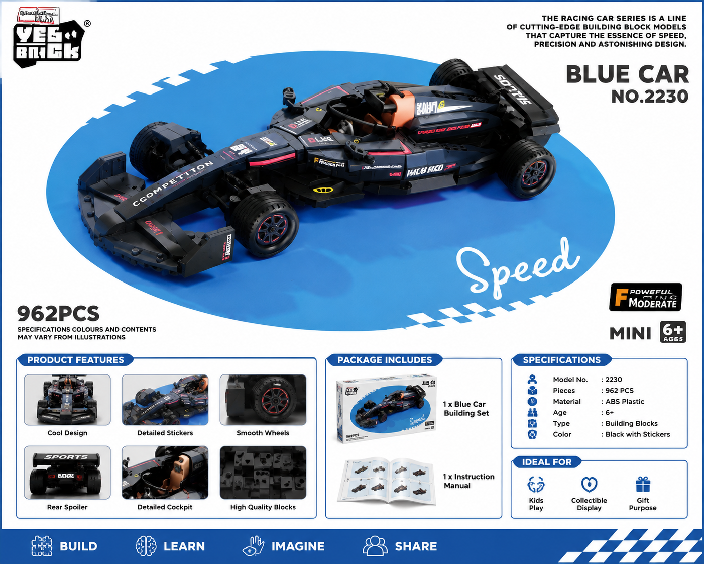 Yes Brick Blue Car (No.2230) 962 PCS. Mini Speed Drift.