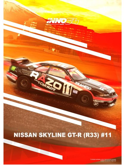 Inno64 Nissan Skyline GT-R (R33) #11 "Razo Trampio" Sendan Highland 1995 Winner Diecast 1:64 Scale (With Acrylic Case)