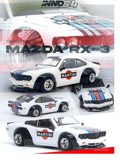 Inno64 Mazda Savanna RX-3 'Martini Racing's Livery Diecast 1:64 Scale (With Acrylic Case)
