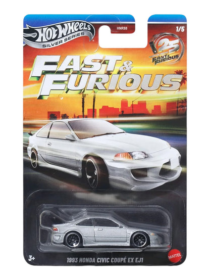HotWheels Silver Series Fast And Furious 1993 Honda Civic Coupe Ex Ej 1 / 1970 Dodge Charger R/T / 1995 Mitsubishi Eclipse / 1995 Mazda Rx-7 / Toyota Supra Set Of 5 / Set Of 10 1:64 Scale