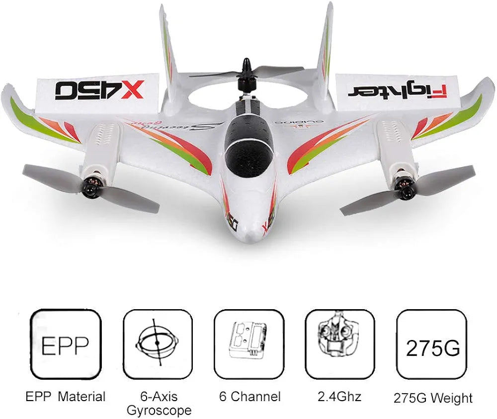 X450 Aviator Rc Airplane 2.4GHZ Radio Control Airlines Remote Control 6 Channel Brushless Motor Aircraft, Vertical Takeoff LED RC Glider Fixed Wing Plane RTF 450mm