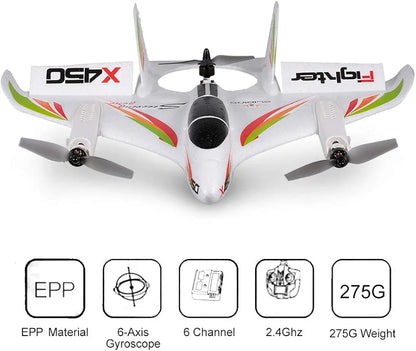 X450 Aviator Rc Airplane 2.4GHZ Radio Control Airlines Remote Control 6 Channel Brushless Motor Aircraft, Vertical Takeoff LED RC Glider Fixed Wing Plane RTF 450mm